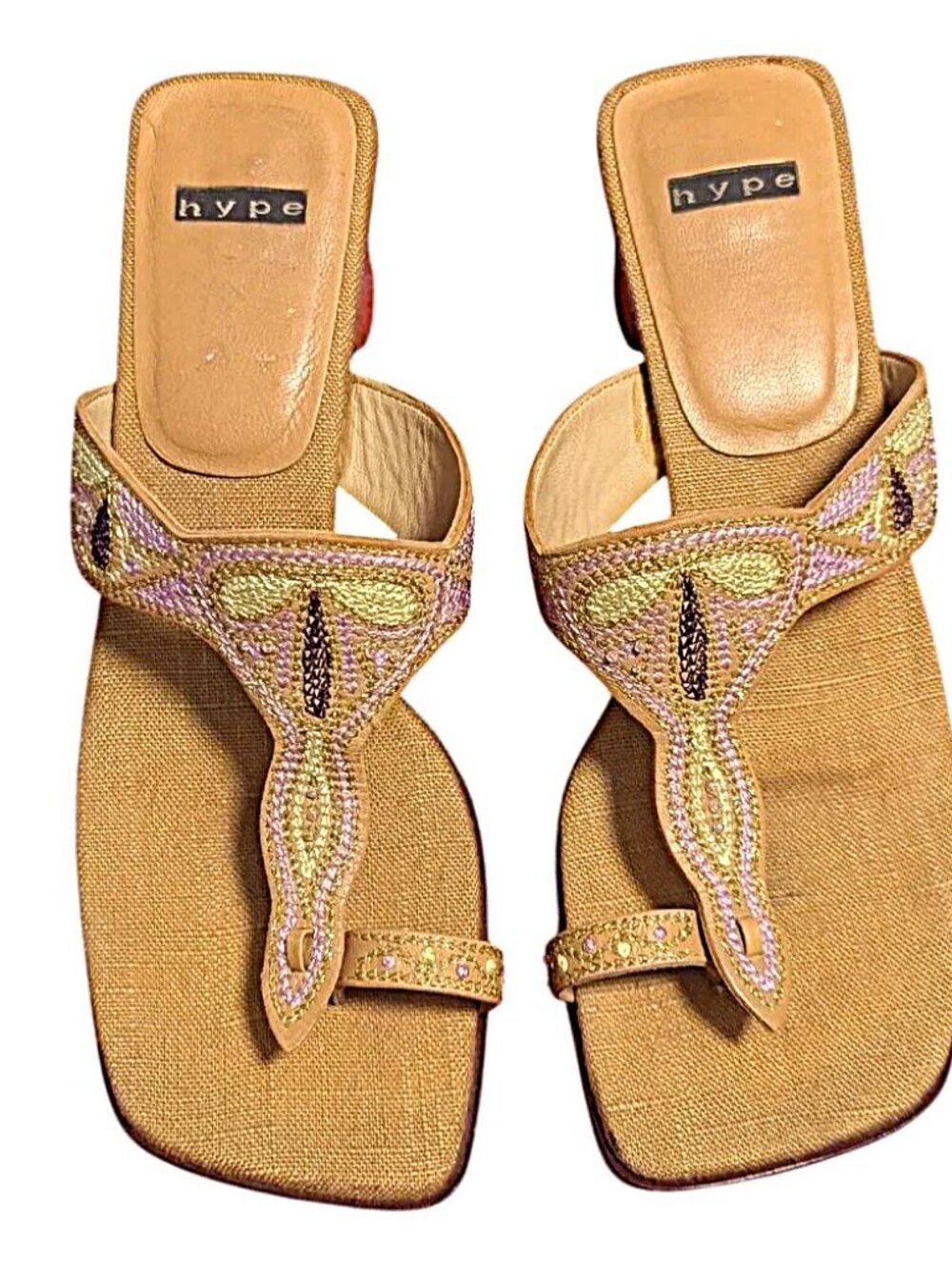 Hype Embroidered Heel Sandals Toe Thong Boho Chunky Block Size‎ 8.5 Slip On